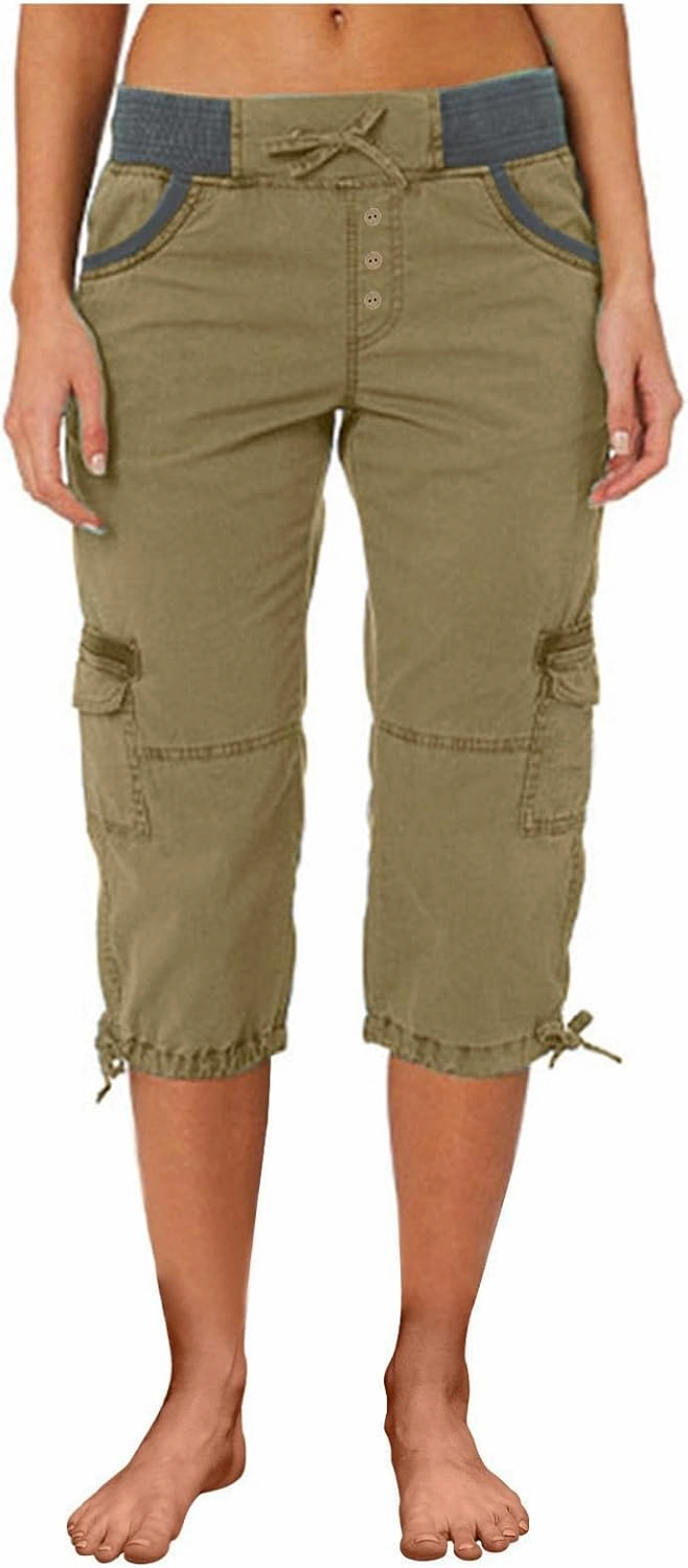 Cargo Capri Pants Women Plus Size Elastic Waist Drawstring Adjustable Legs Summer Casual Comfy Hiking Capris