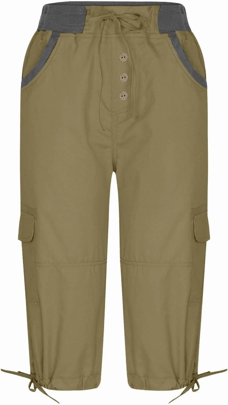 Cargo Capri Pants Women Plus Size Elastic Waist Drawstring Adjustable Legs Summer Casual Comfy Hiking Capris
