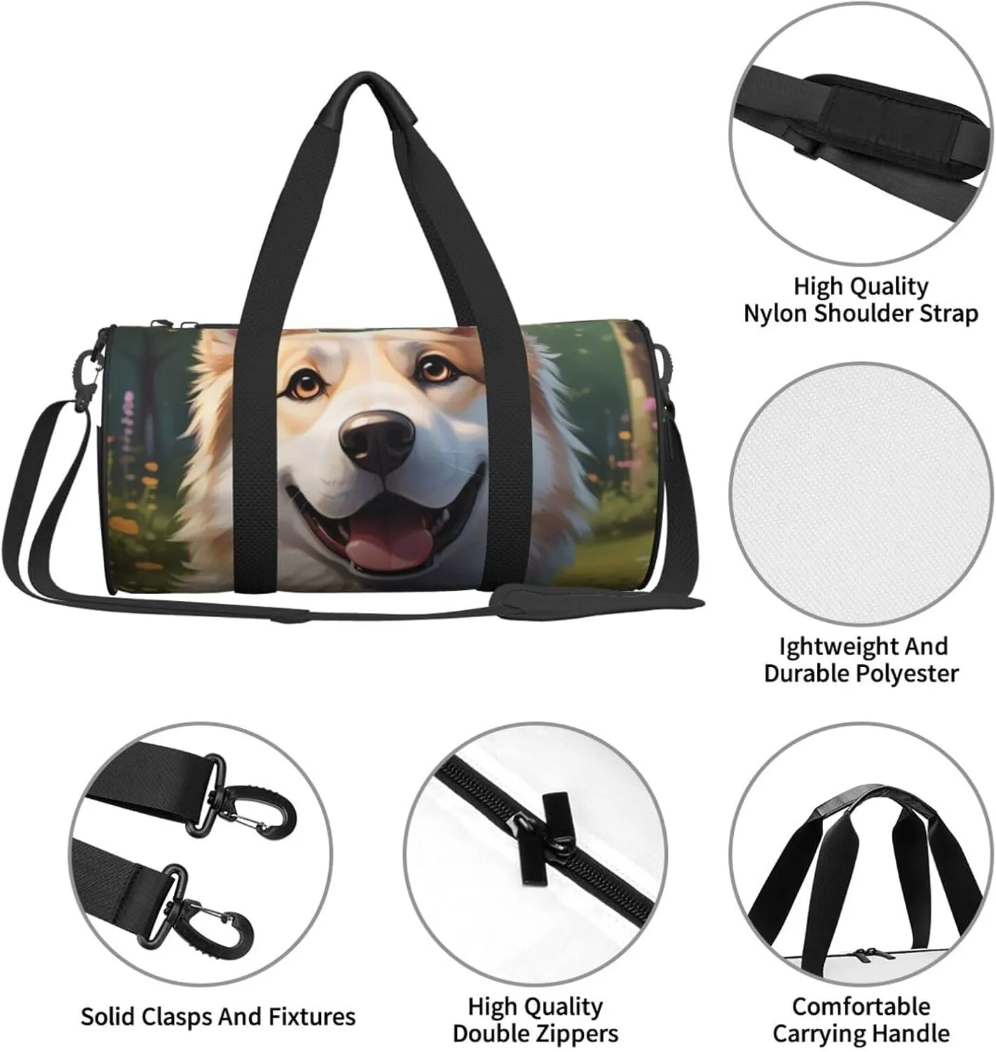 Cartoon Dog Printed Travel Bag,Round Personal Item Storage bag,Foldie Duffel Bag for Traveling Vacation,Fitness,Sports