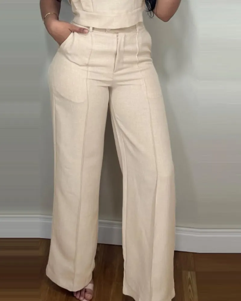 CHICME Women's Summer 2 Piece Outfits Cap Sleeve Round Neck Tank Crop Top Wide Leg Pants Set with Pockets