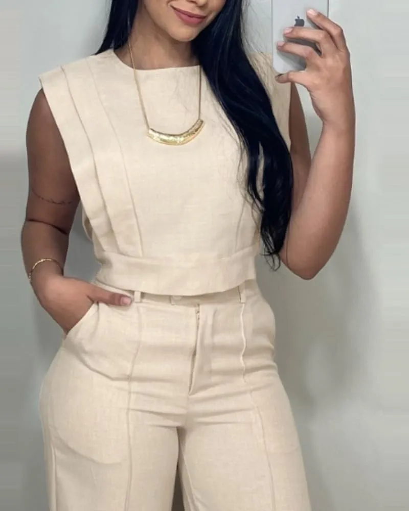 CHICME Women's Summer 2 Piece Outfits Cap Sleeve Round Neck Tank Crop Top Wide Leg Pants Set with Pockets
