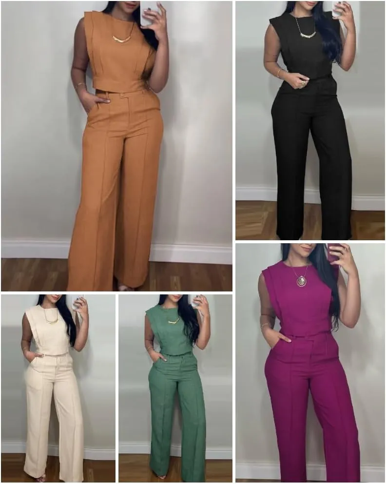 CHICME Women's Summer 2 Piece Outfits Cap Sleeve Round Neck Tank Crop Top Wide Leg Pants Set with Pockets