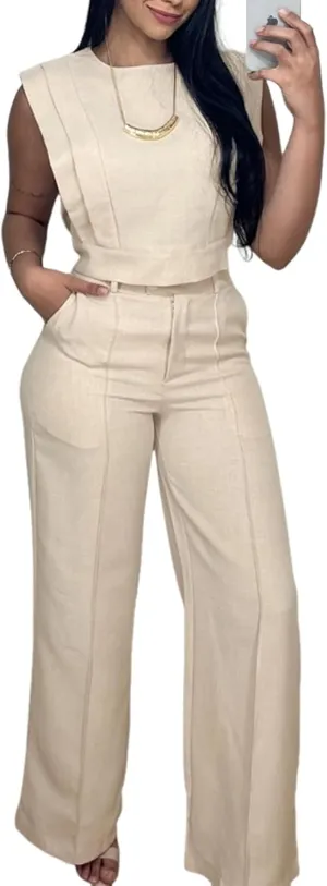 CHICME Women's Summer 2 Piece Outfits Cap Sleeve Round Neck Tank Crop Top Wide Leg Pants Set with Pockets