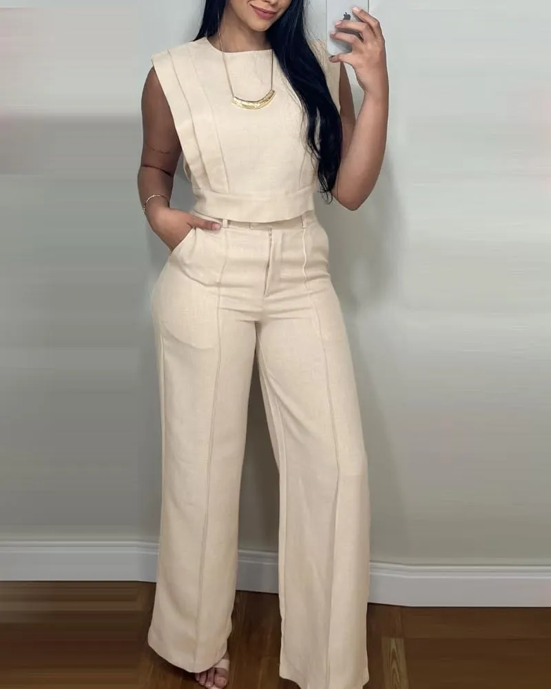 CHICME Women's Summer 2 Piece Outfits Cap Sleeve Round Neck Tank Crop Top Wide Leg Pants Set with Pockets