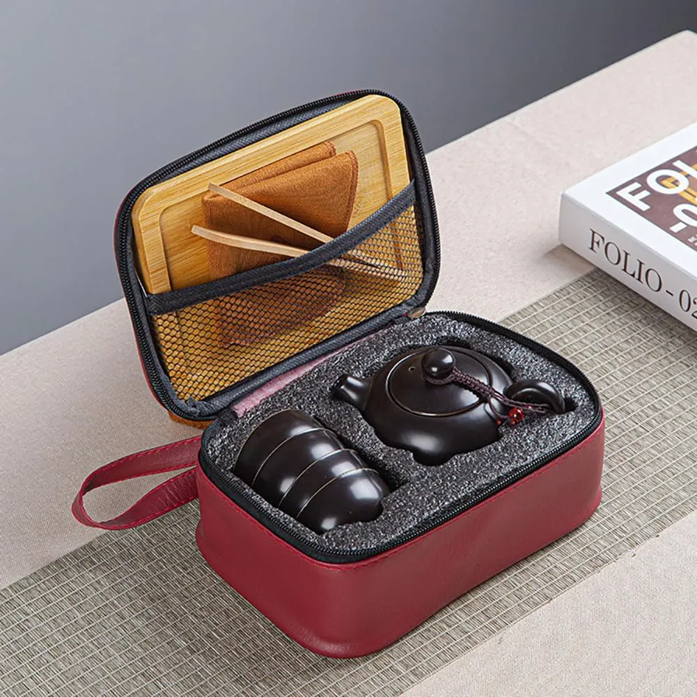 Chinese Kungfu Tea Set/Portable Travel Tea Set Ceramic Tea Cup and Tea Pot with a Travel Bag (4 Cups) (Black)