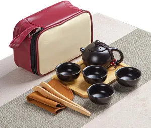 Chinese Kungfu Tea Set/Portable Travel Tea Set Ceramic Tea Cup and Tea Pot with a Travel Bag (4 Cups) (Black)