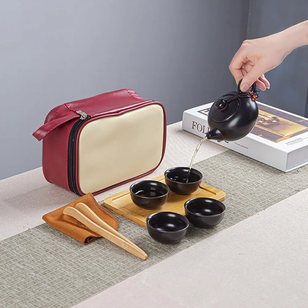 Chinese Kungfu Tea Set/Portable Travel Tea Set Ceramic Tea Cup and Tea Pot with a Travel Bag (4 Cups) (Black)