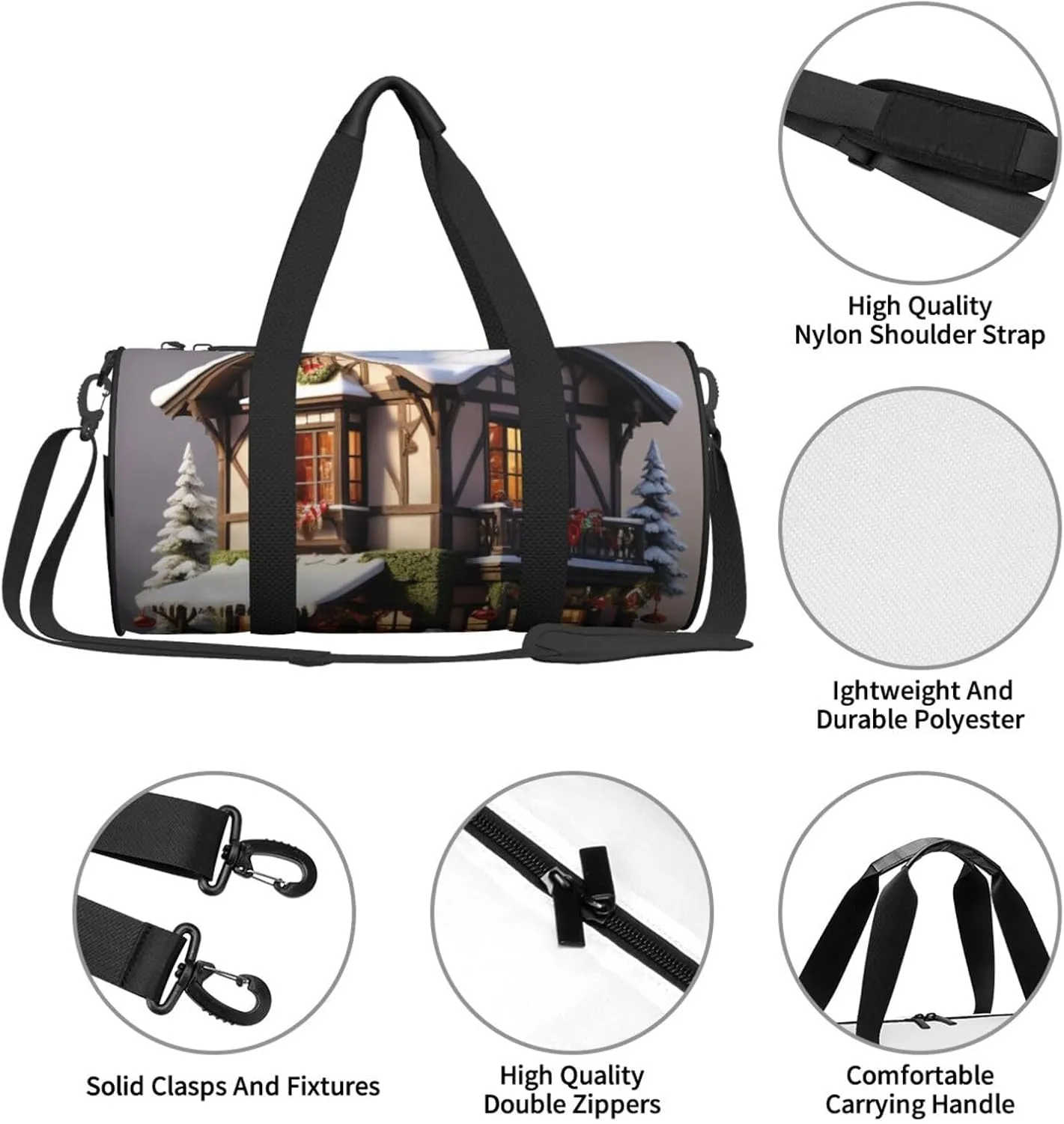 Christmas Village House Printed Travel Bag,Round Personal Item Storage bag,Foldie Duffel Bag for Traveling Vacation,Fitness,Sports