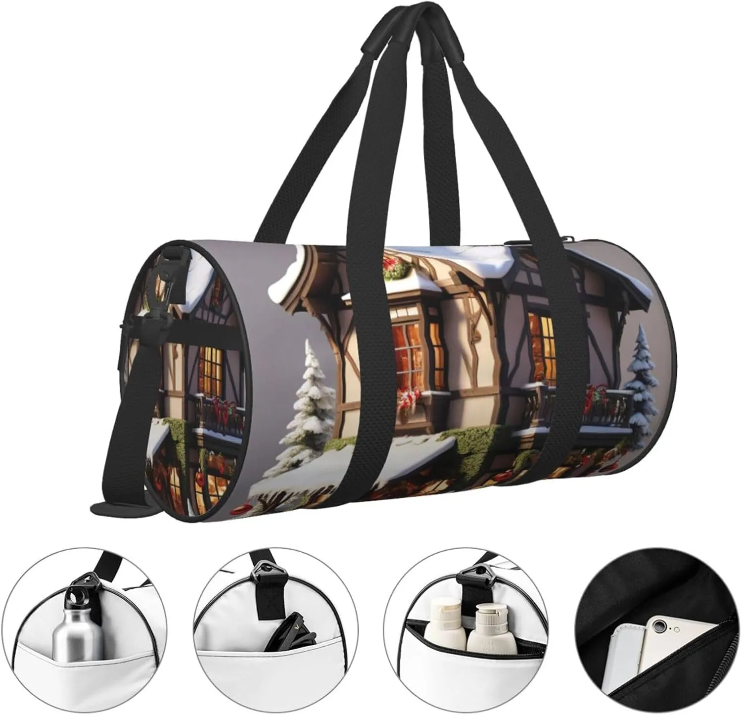 Christmas Village House Printed Travel Bag,Round Personal Item Storage bag,Foldie Duffel Bag for Traveling Vacation,Fitness,Sports