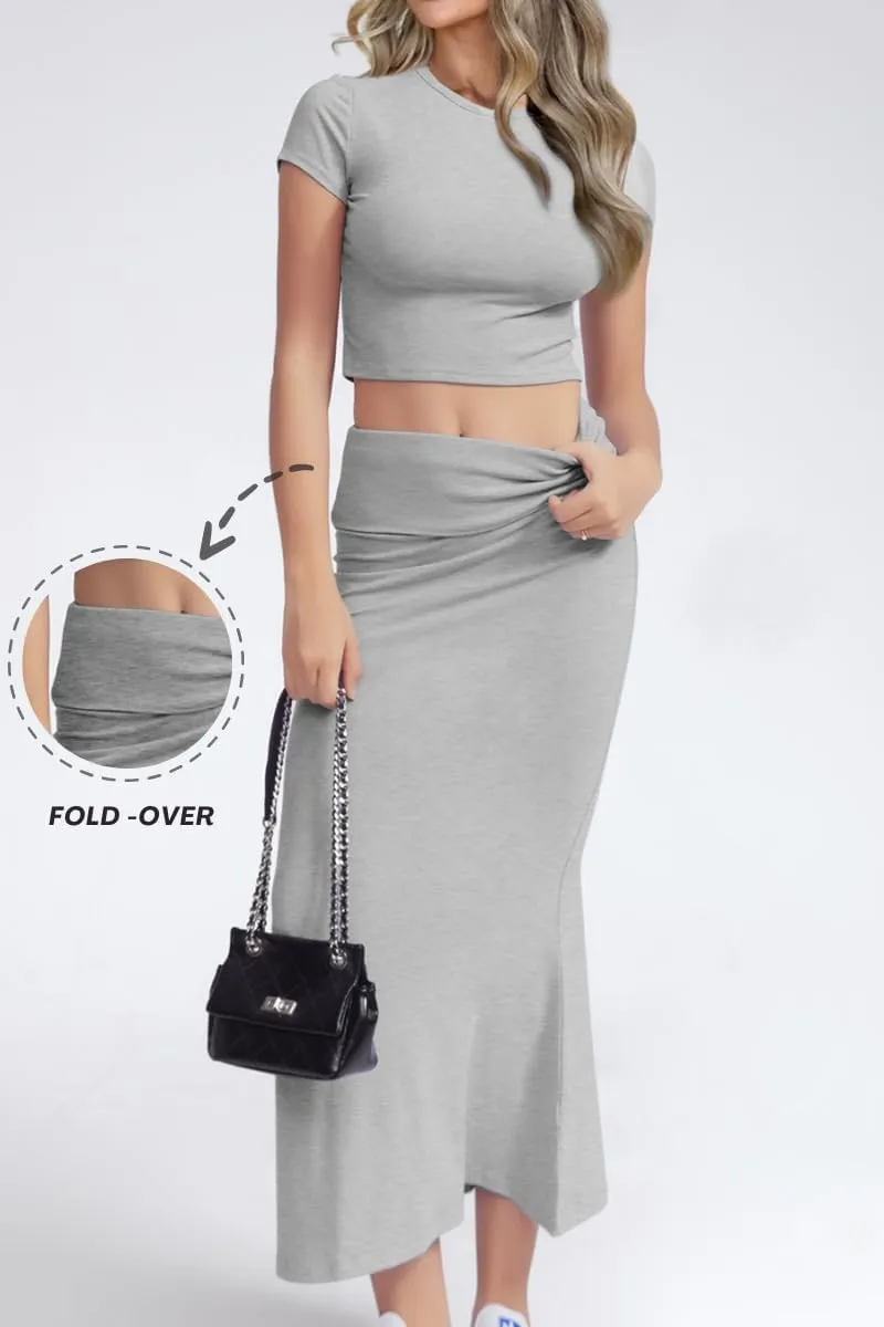 CHYRII Womens Two Piece Sets Short Sleeve Crewneck Cropped Top Bodycon Fold Over Maxi Skirt Maxi Dress Outfits