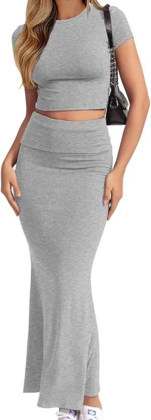 CHYRII Womens Two Piece Sets Short Sleeve Crewneck Cropped Top Bodycon Fold Over Maxi Skirt Maxi Dress Outfits