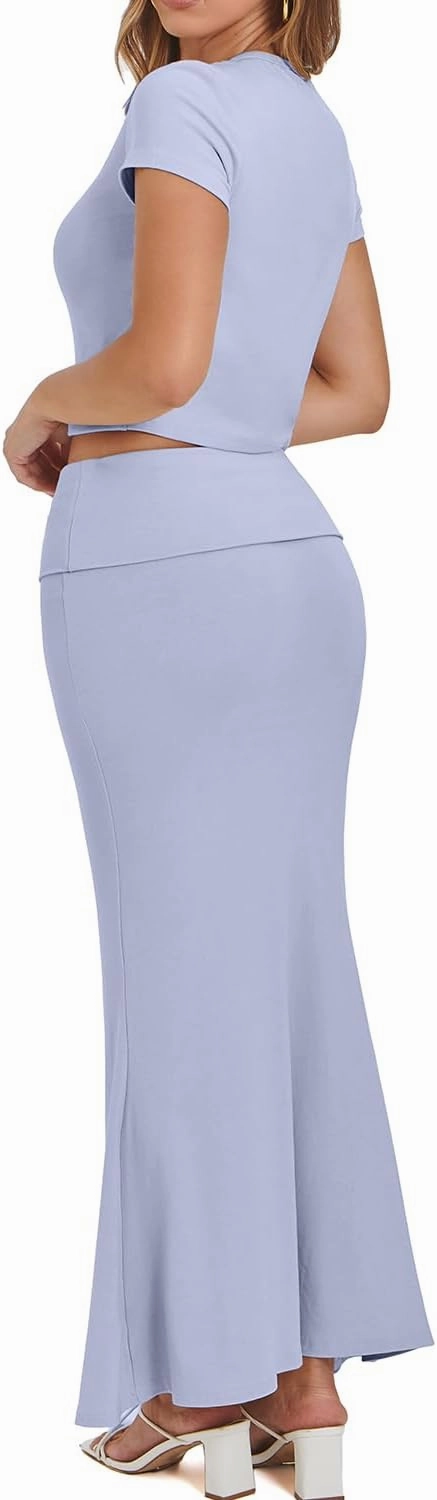 CHYRII Womens Two Piece Sets Short Sleeve Crewneck Cropped Top Bodycon Fold Over Maxi Skirt Maxi Dress Outfits