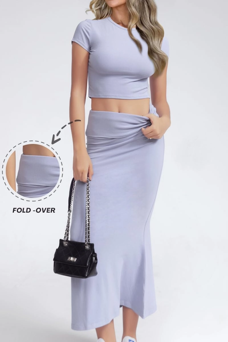 CHYRII Womens Two Piece Sets Short Sleeve Crewneck Cropped Top Bodycon Fold Over Maxi Skirt Maxi Dress Outfits