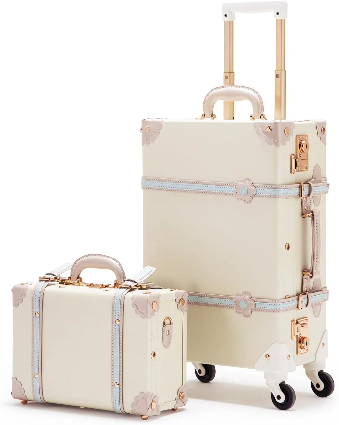 COTRUNKAGE Floral Vintage Suitcases and Trunk, 24" Cute Spinner Luggage Set 2 Piece for Women with 13" Train Case, Cream White