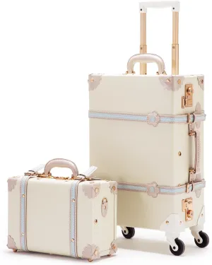 COTRUNKAGE Floral Vintage Suitcases and Trunk, 24" Cute Spinner Luggage Set 2 Piece for Women with 13" Train Case, Cream White