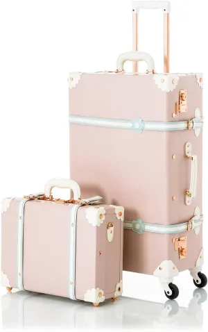 COTRUNKAGE Vintage Checked Luggage Sets 2 Piece Suitcase for Women with 16" Suitcase Bag, Cherry Pink