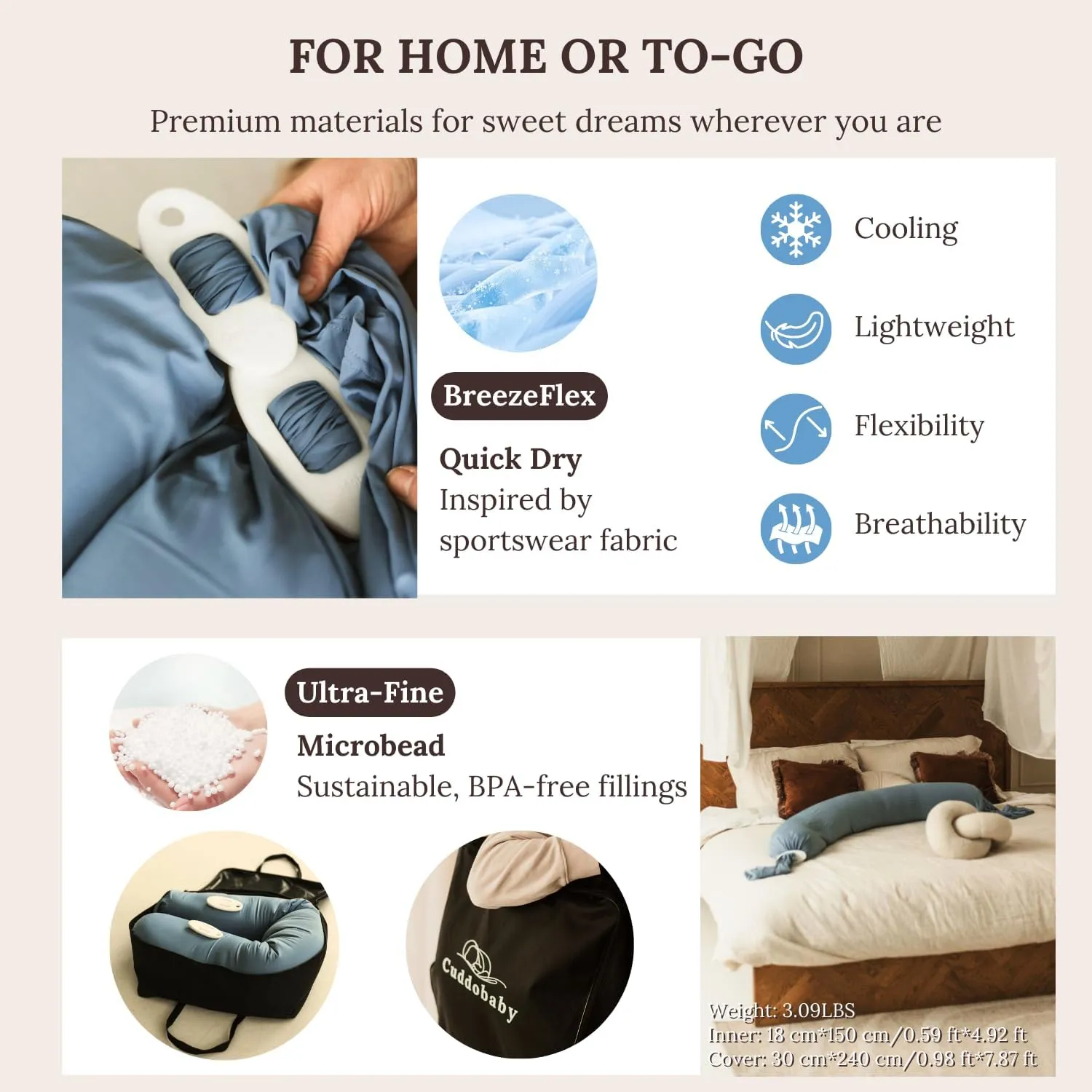 Cuddobaby Pregnancy Pillow 5-in-1 【Cooling Cover, Adjustable Firmness】 Patented Lock Design, Turn into O-Shape Nursing Pillow, 5-Point Full Body Support, Maternity Pillow with Travel Bag - Blue