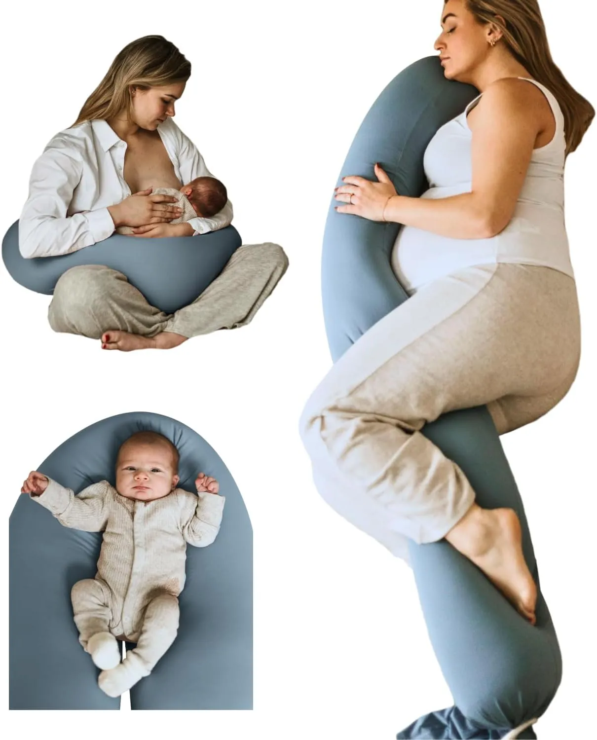 Cuddobaby Pregnancy Pillow 5-in-1 【Cooling Cover, Adjustable Firmness】 Patented Lock Design, Turn into O-Shape Nursing Pillow, 5-Point Full Body Support, Maternity Pillow with Travel Bag - Blue