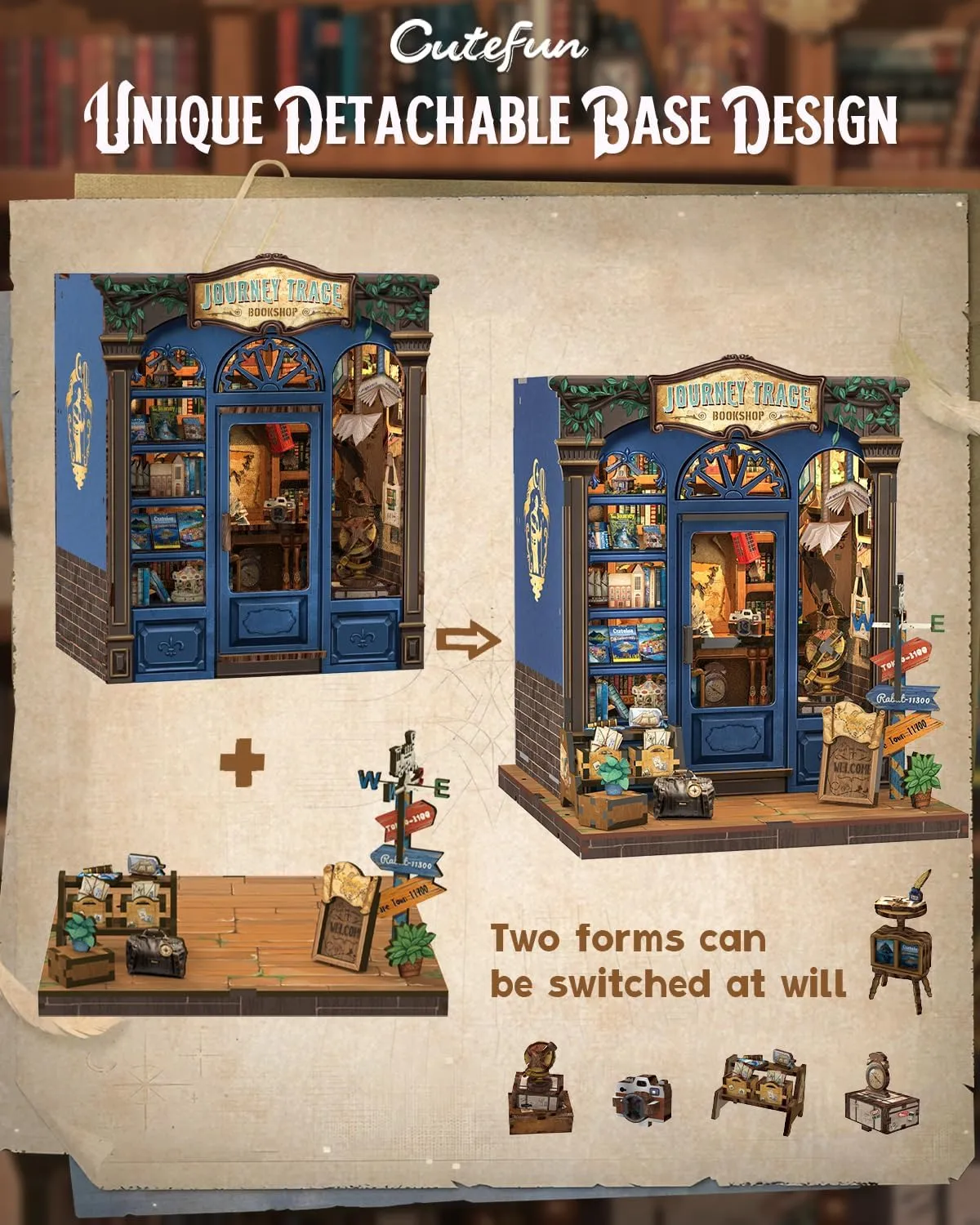 Cutefun Book Nook Kit, DIY Miniature Dollhouse Booknook Kit for Adults and Teens, Tiny House Bookshelf Insert Decor with LED Light, Gifts for Family and Friends (Journey Trace Bookshop)