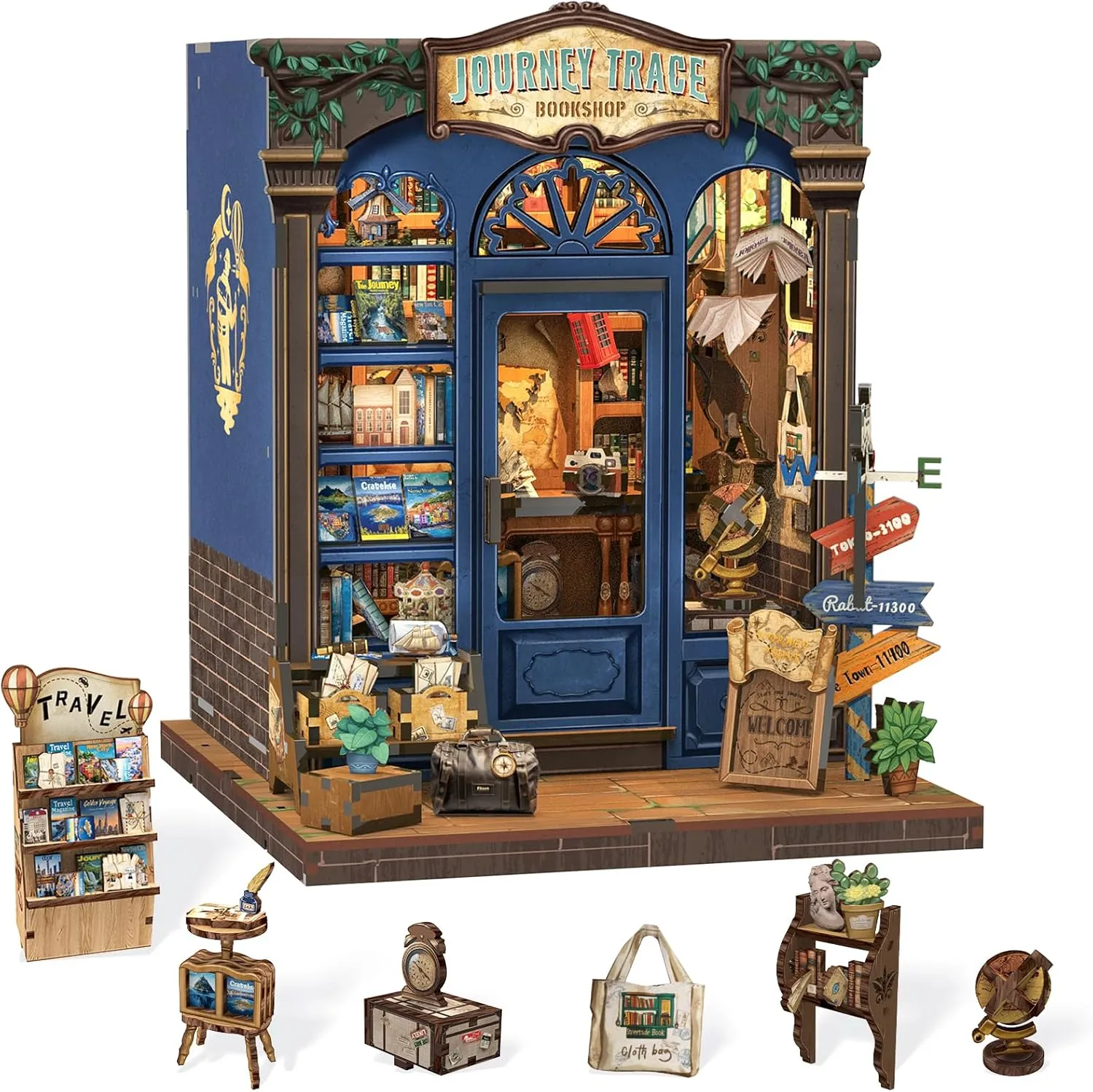 Cutefun Book Nook Kit, DIY Miniature Dollhouse Booknook Kit for Adults and Teens, Tiny House Bookshelf Insert Decor with LED Light, Gifts for Family and Friends (Journey Trace Bookshop)