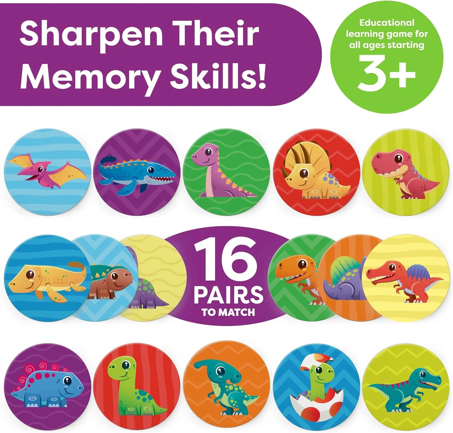 Dinosaur Toys for Kids 3-5 Matching Game - 32pc Dinosaur Games for Kids Memory Game - Kindergarten Preschool Educational Toys - Gifts for 3 Year Old Boys & Girls - Summer Toys