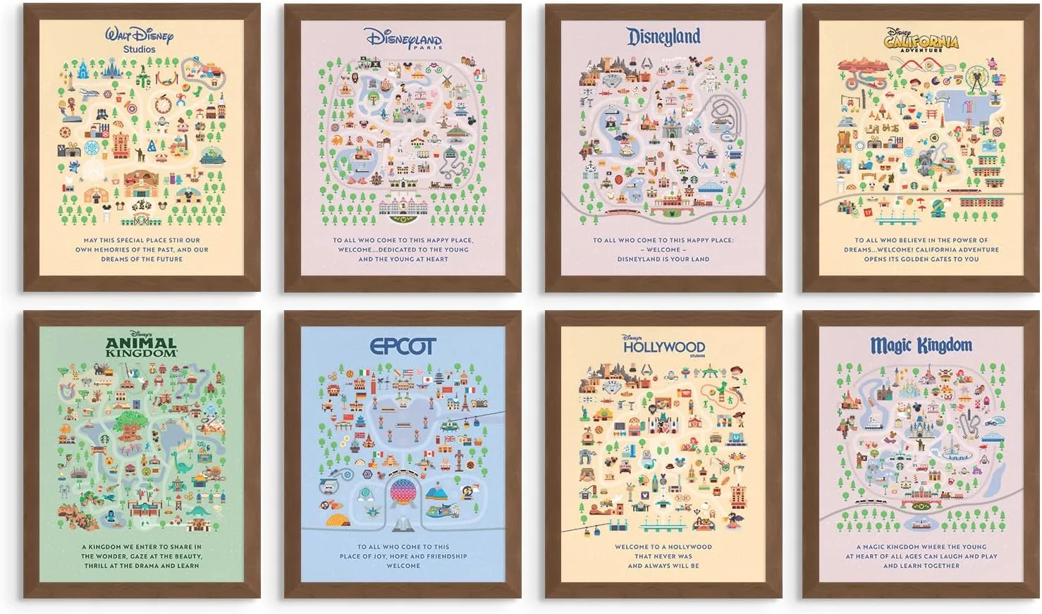 Disneyland Posters - Disney Wall Art, Disneyland Travel Poster, Disney Prints Wall Art, Magic Kingdom and Epcot Picture Decor, Theme Park Map Artwork Set - Unframed Set of 8 (8x10")