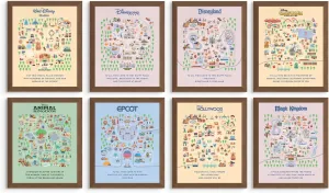 Disneyland Posters - Disney Wall Art, Disneyland Travel Poster, Disney Prints Wall Art, Magic Kingdom and Epcot Picture Decor, Theme Park Map Artwork Set - Unframed Set of 8 (8x10")