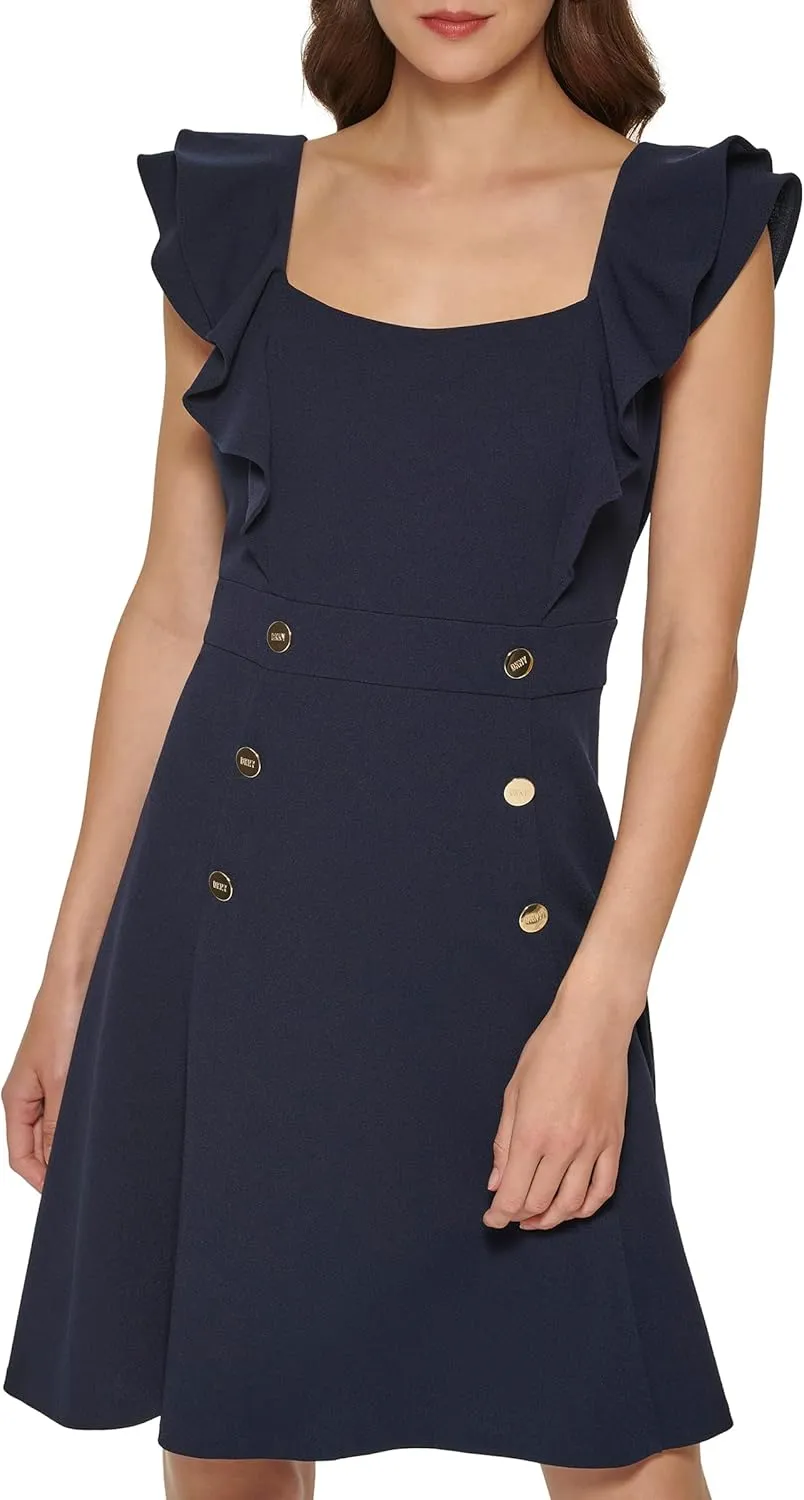 DKNY womens Double Ruffle Sleeve Fit and Flare Dress