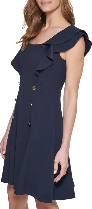 DKNY womens Double Ruffle Sleeve Fit and Flare Dress