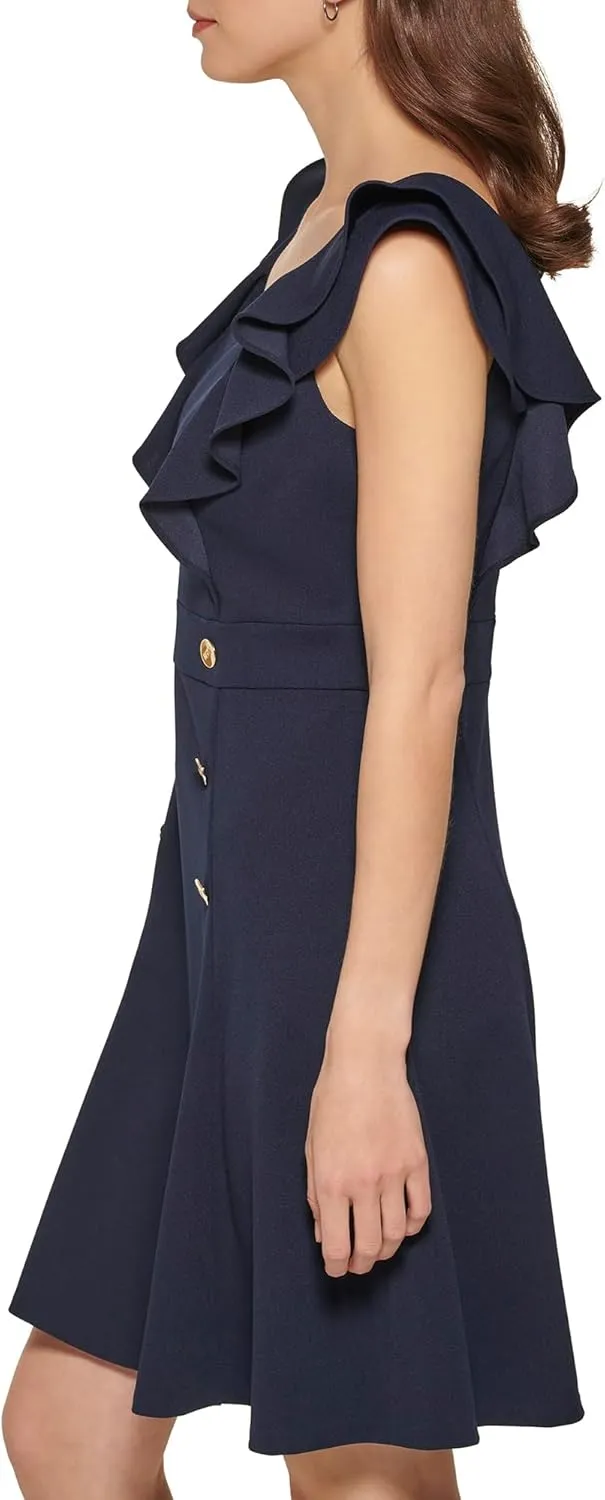 DKNY womens Double Ruffle Sleeve Fit and Flare Dress