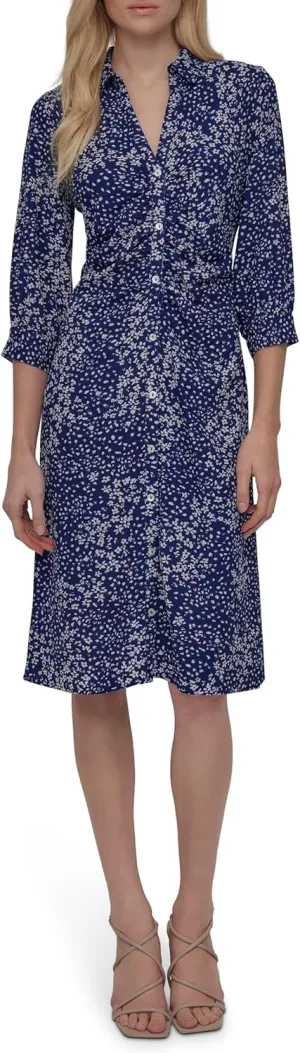 DKNY Women's Long Sleeve Collared Midi Shirtdress