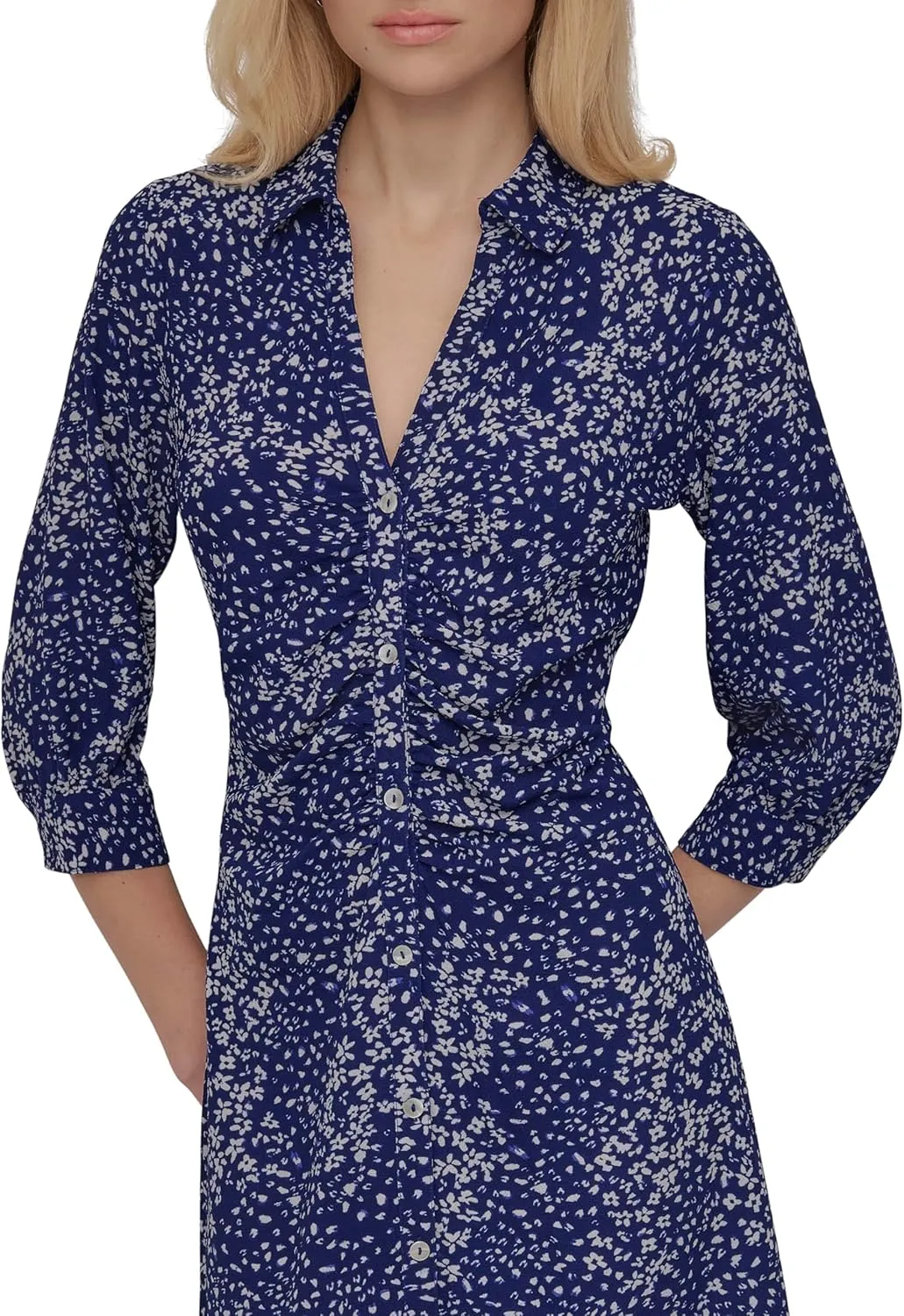 DKNY Women's Long Sleeve Collared Midi Shirtdress
