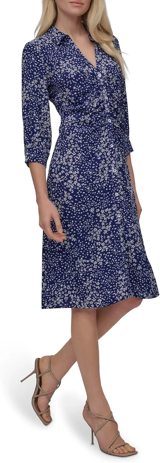 DKNY Women's Long Sleeve Collared Midi Shirtdress