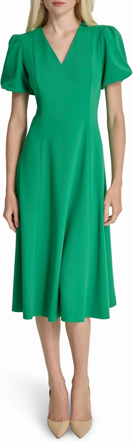 DKNY Women's Bubble Sleeve V-Neck Fit & Flare Mini Dress