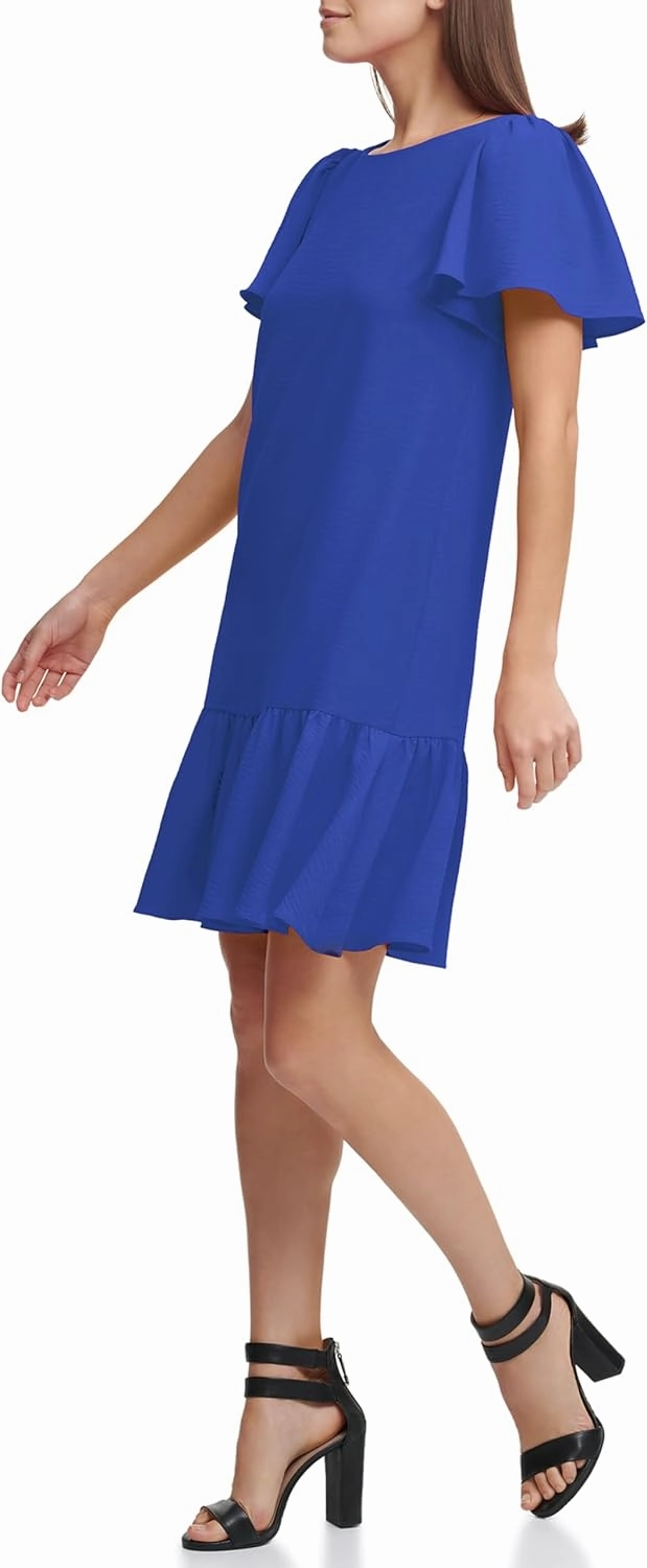 DKNY womens Flowy Short Sleeve Ruffle Hem Dress