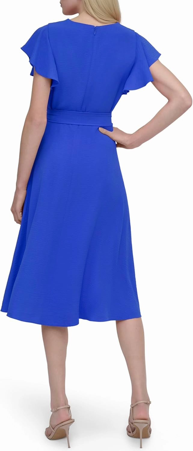 DKNY womens Flutter Sleeve Fit and Flare Midi Dress