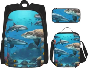 Dolphins Sea Turtle Shark Octopus Coral Reef print Minimalist Backpack Three Piece Travel Backpack Set Adjustable Shoulder Bag