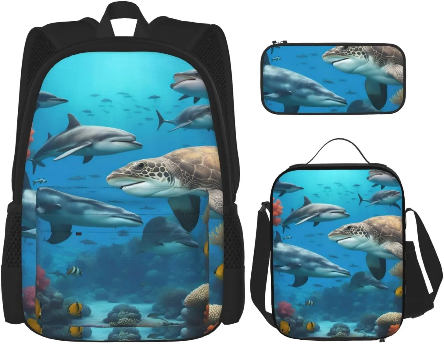 Dolphins Sea Turtle Shark Octopus Coral Reef print Minimalist Backpack Three Piece Travel Backpack Set Adjustable Shoulder Bag