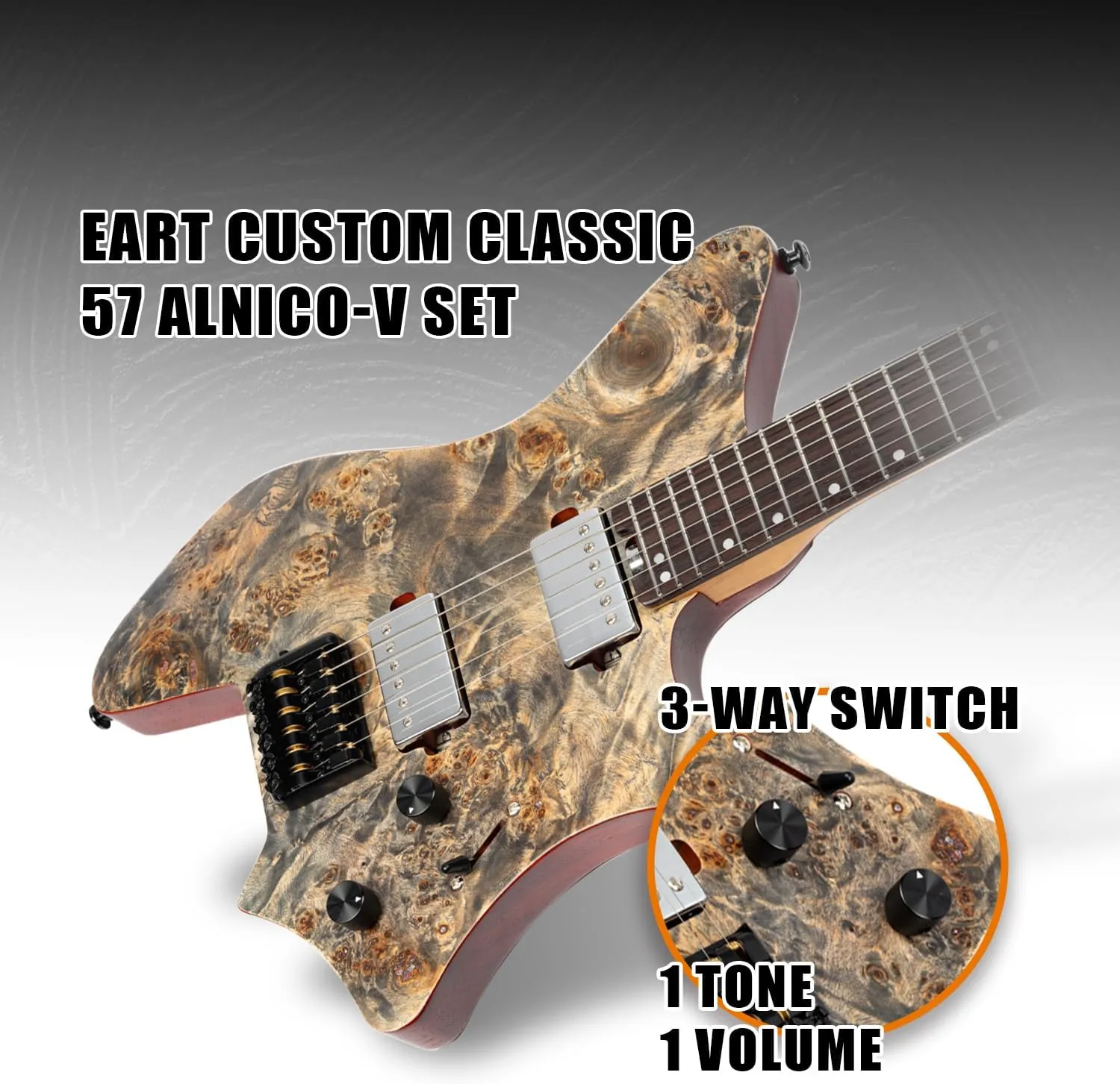 EART Headless Electric Guitar GW2 fixed Bridge for 6 String Travel Guitar For Travel and Performance Right, Stainless Steel Frets,Black