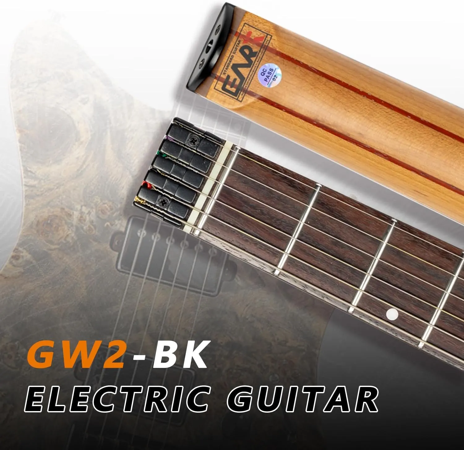 EART Headless Electric Guitar GW2 fixed Bridge for 6 String Travel Guitar For Travel and Performance Right, Stainless Steel Frets,Black