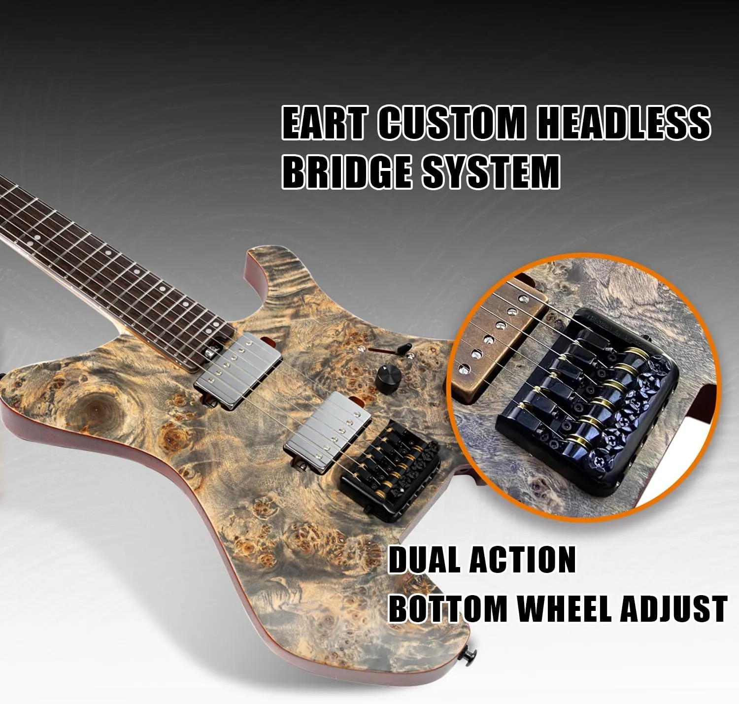 EART Headless Electric Guitar GW2 fixed Bridge for 6 String Travel Guitar For Travel and Performance Right, Stainless Steel Frets,Black