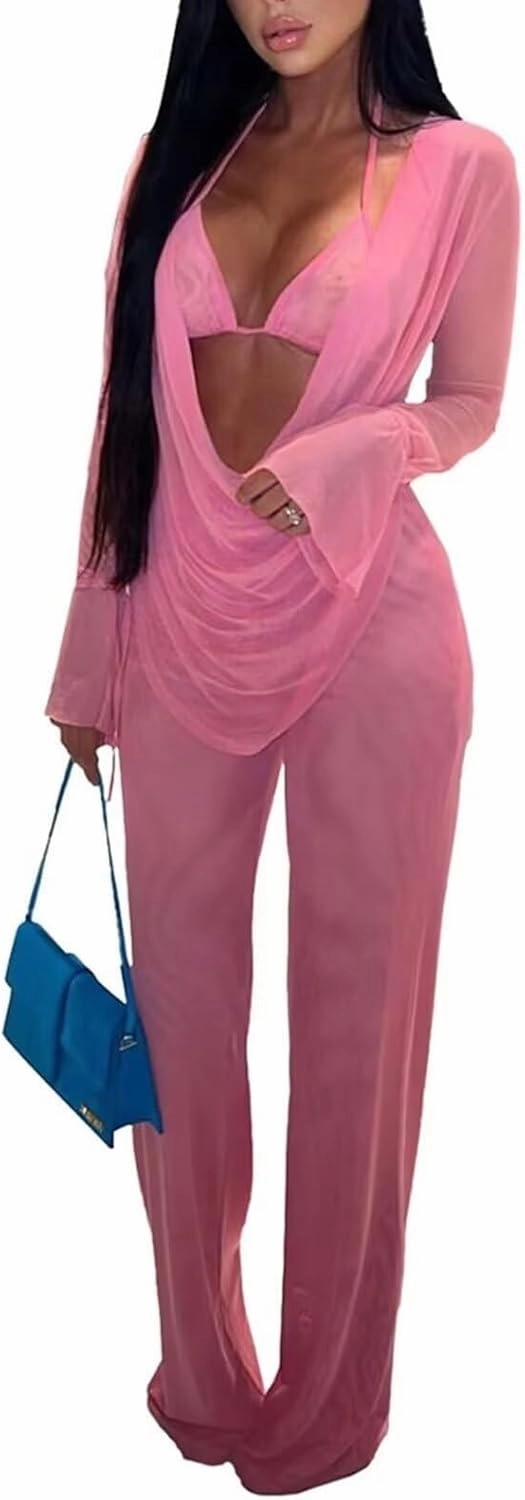 EDITCOZY Women Mesh Sheer 3pcs Outfits Long Sleeve Top Long Pant Bikini Cover Up