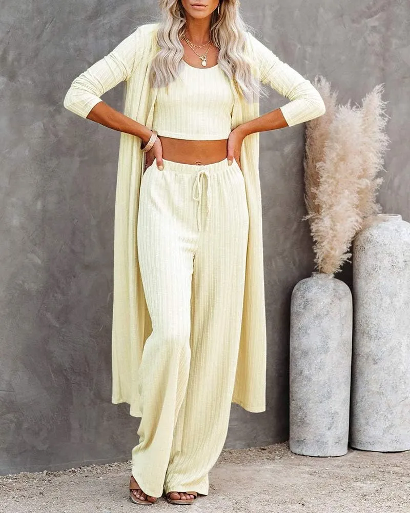 Fessceruna Womens 3 Piece Lounge Sets Pajamas Knit Long Sleeve Cardigan Crop Top Wide Leg Pants Loungewear Set