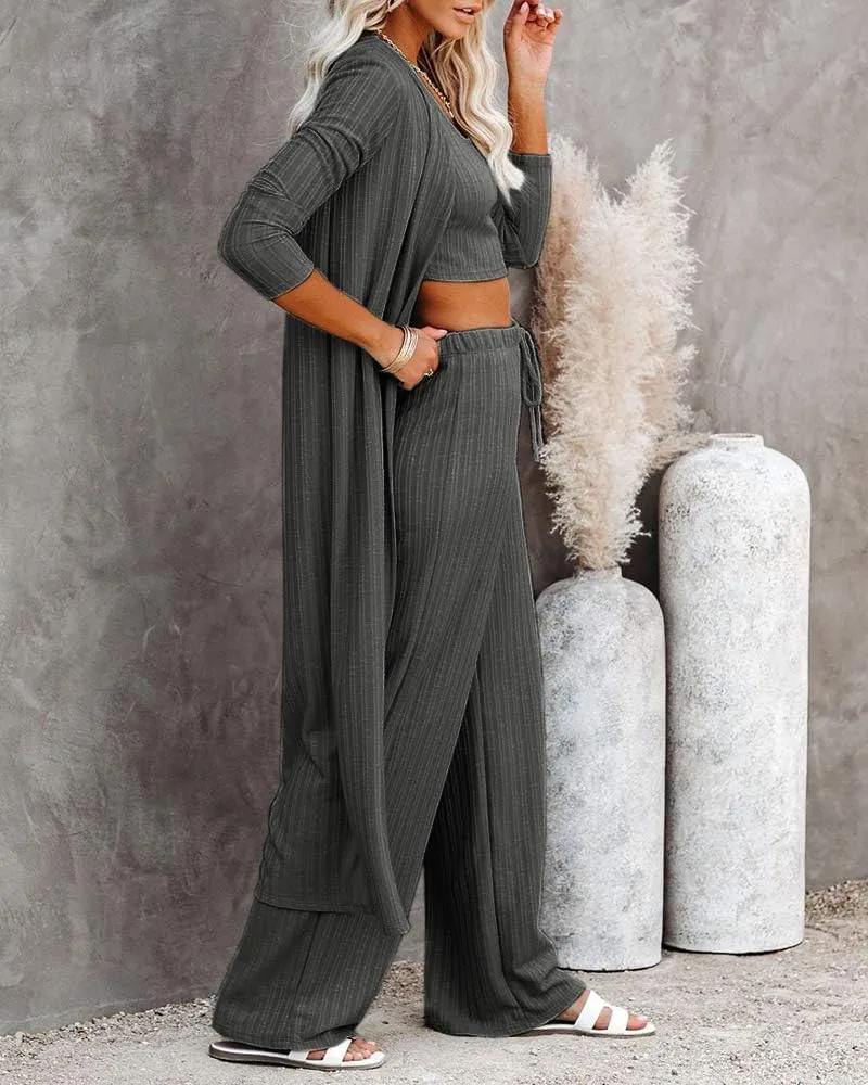 Fessceruna Womens 3 Piece Lounge Sets Pajamas Knit Long Sleeve Cardigan Crop Top Wide Leg Pants Loungewear Set