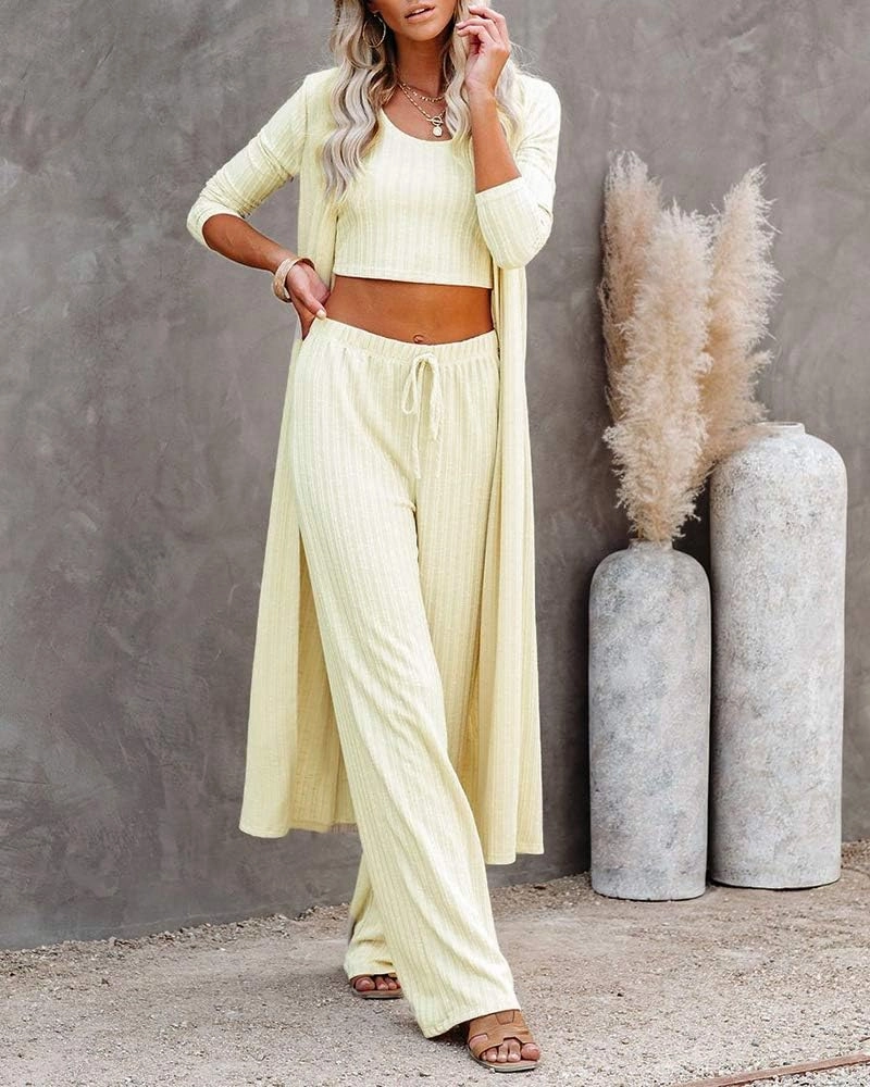 Fessceruna Womens 3 Piece Lounge Sets Pajamas Knit Long Sleeve Cardigan Crop Top Wide Leg Pants Loungewear Set