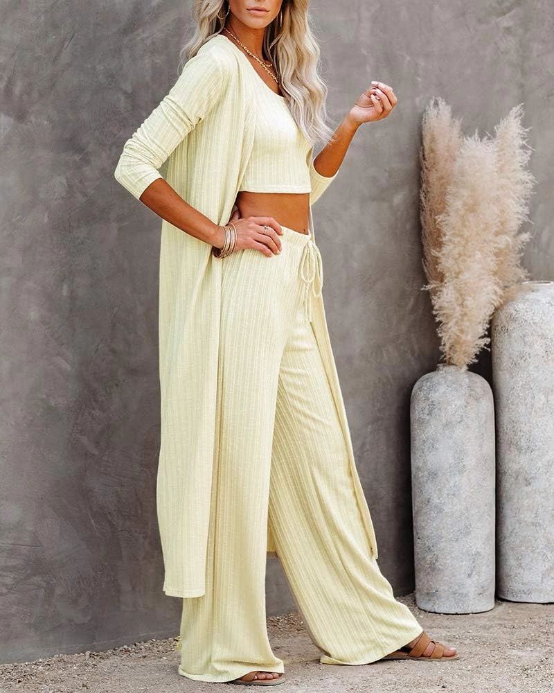 Fessceruna Womens 3 Piece Lounge Sets Pajamas Knit Long Sleeve Cardigan Crop Top Wide Leg Pants Loungewear Set