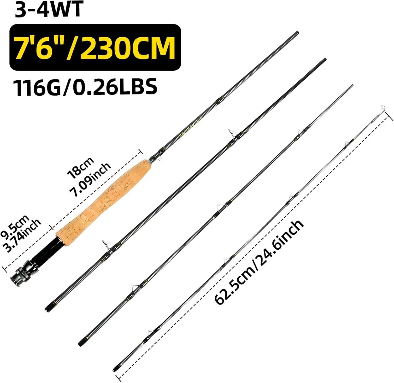 Fly Fishing Rod 6'8" 2-3wt or 7'6" 3-4wt 4 Pieces Portable Carbon Fiber Blanks Light Weight Fast Action for Freshwater Stream Travel Fishing