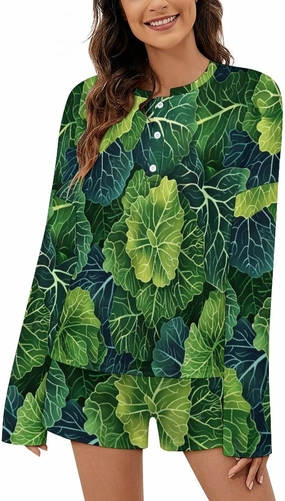 Fresh Green Cabbage Women's Pajamas Set Long Sleeve Lounge Shorts Two Piece Sleepwear