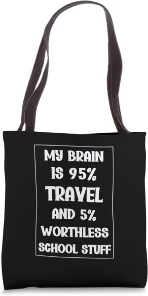 Funny Travel Brain Is 95% Travel 5% Worthless School Stuff Tote Bag