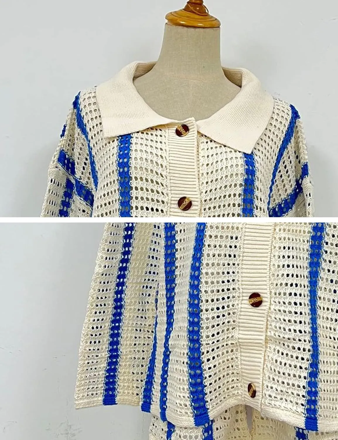 Gihuo Women' s Y2K 2 Piece Knit Outfits Striped Sweater Shorts Set Color Block Long Sleeve Button Up Shirts Shorts